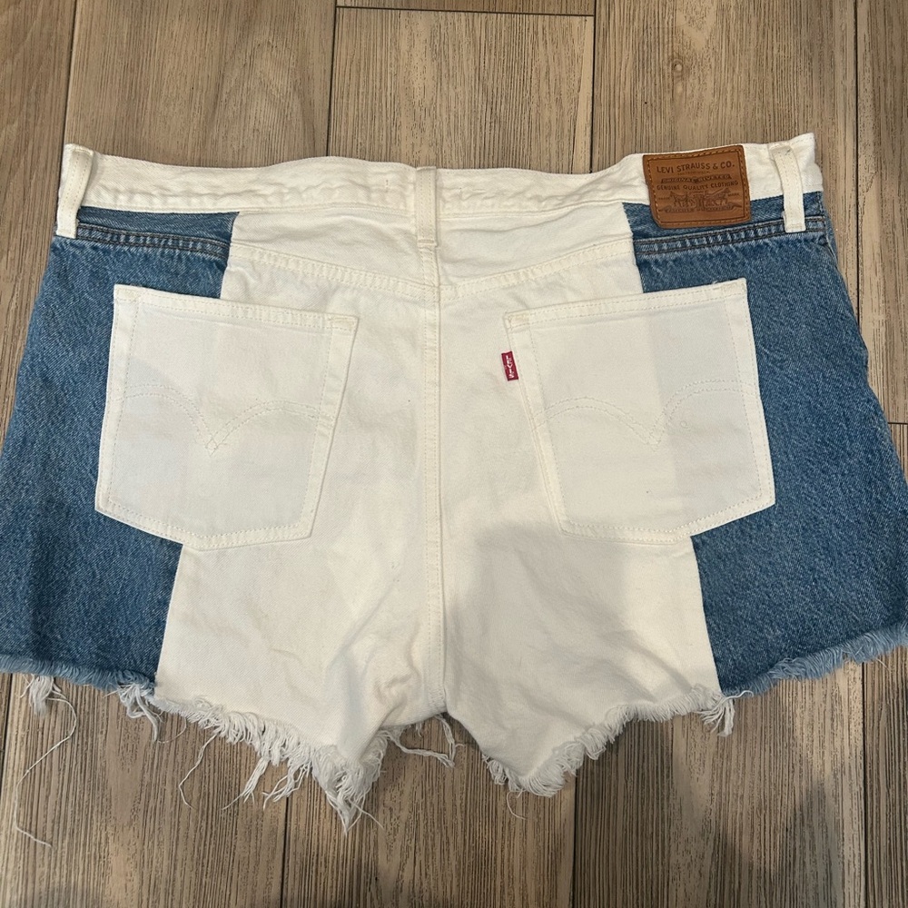 Levi's Blue and White Jean Shorts with Distressed Hem
